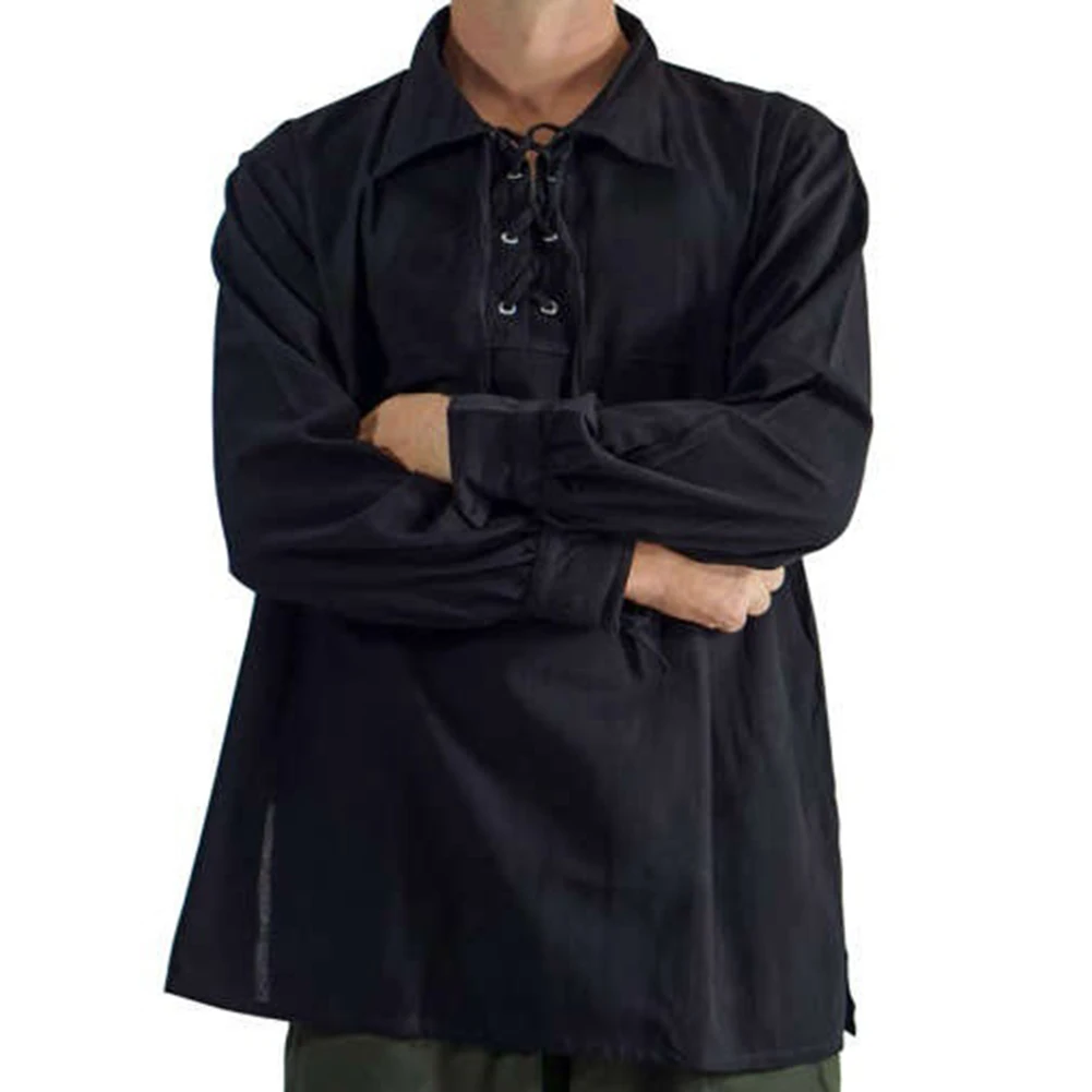 Средневековая мужская Осенняя однотонная льняная рубашка в стиле стимпанк, мужская рубашка на шнуровке с отворотом, рубашки с длинным рукавом, мужские Рубашки, Топы