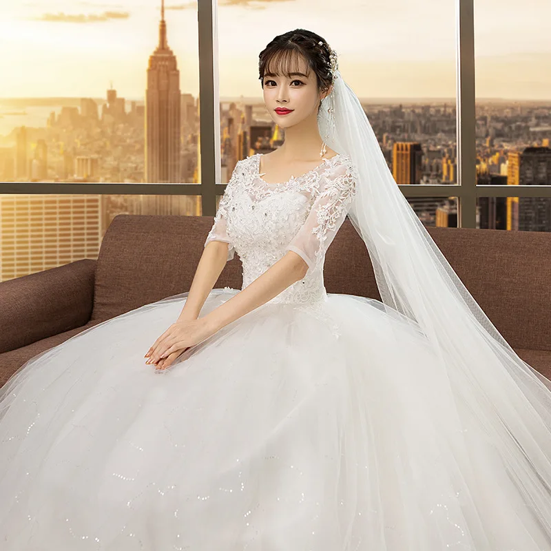 It's YiiYa Wedding Dress O-neck Half Sleeve Wedding Dress Plus Size Elegant Lace Bridal Gown Crystal Long Vestido de novia OY063