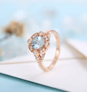 

14K Rose Gold Aquamarine Moissanite Milgrain Halo Engagement Ring for Women Bridal Jewelry