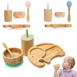 Juego de utensilios de alimentación de silicona para bebé, plato de cena de elefante de madera de bambú, cuencos, Pajita, taza, vajilla, regalo para bebé, 4 piezas/1 Juego