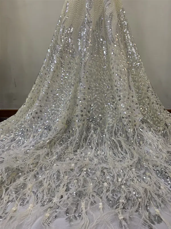 silver Latest Tassels Sequins African Lace Elastic Fabrics Sequined Embroidered Nigerian Feather Tulle Lace Wedding Fabrics - Цвет: silver