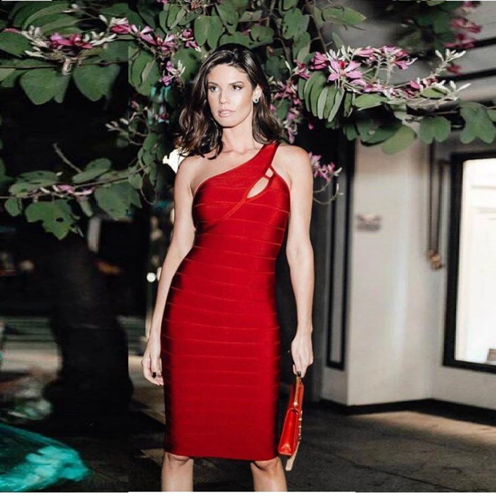 

2019 Women Red One Shoulder Solid Bodycon Bandage Dress Mid Calf Elegant Summer Good Quality Vestidos Clubwear Party Wholesale