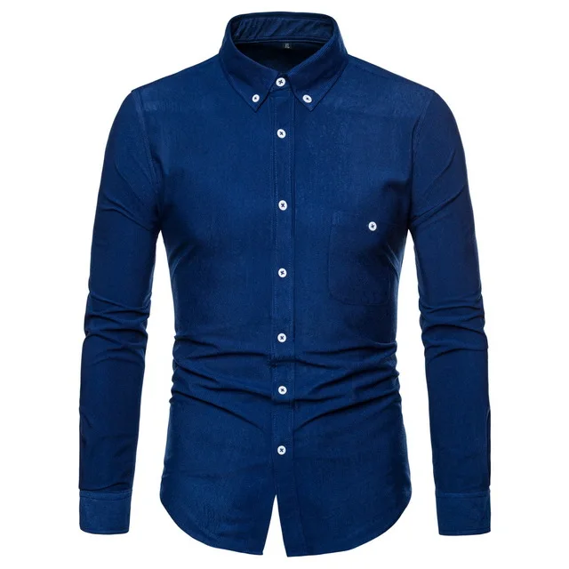 Denim blue Вельветовая Мужская рубашка с длинным рукавом, большой размер 3XL 4XL 5XL, деловая рубашка, Мужская модная повседневная Однотонная рубашка с отворотом, базовые рубашки RM50058 - Цвет: Denim blue