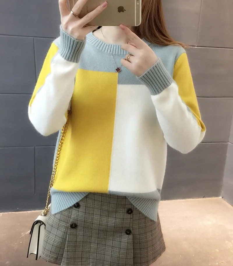 

Autumn Korean Sweaters Women's Color Matching Long Sleeve Knitted Top Patchwork Color Loose Sweet O-Neck Full Pullovers