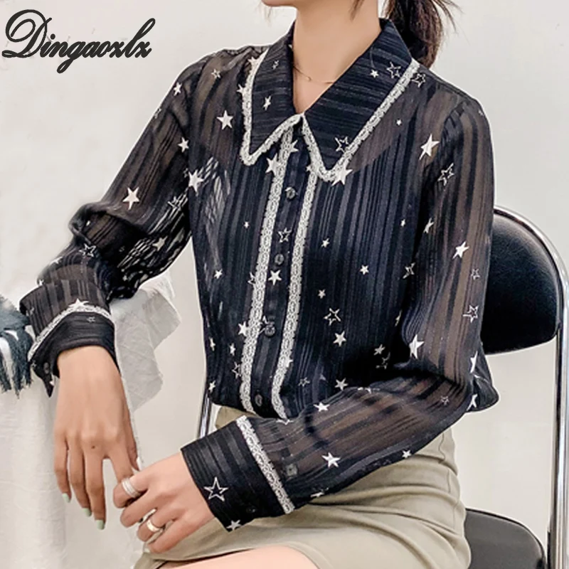 

Dingaozlz Autumn 2019 New Women shirt Turn down collar Casaul Star Printed Lace Tops Sleeve Chiffon blouse Tops