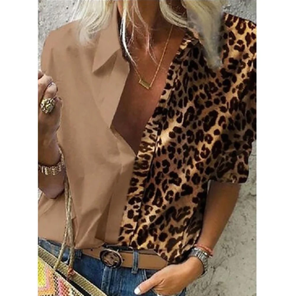 

2020 Women Leopard Splice Blouse Full Sleeve Spring Fall Fashion Turn Down Collar Office Shirts Casual Plus Size Female Tops