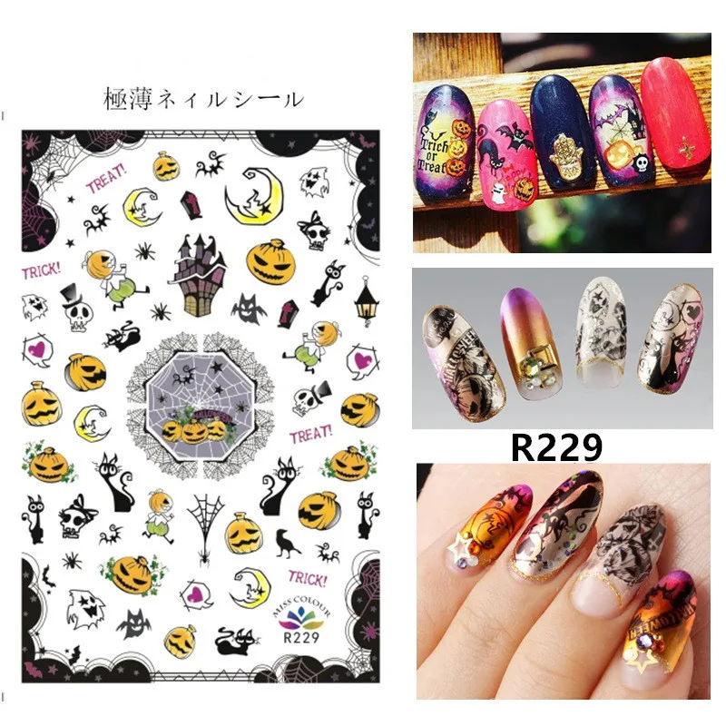 1pc Halloween water transfer nail art stickers decals nails decorations manicure tools pumpkin skull design 6