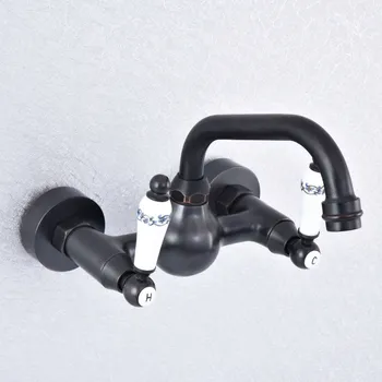 

Black Oil Rubbed Brass Wall Mounted Bathroom Kitchen Sink Faucet Swivel Spout Mixer Tap Dual Ceramics Handles Levers msf700