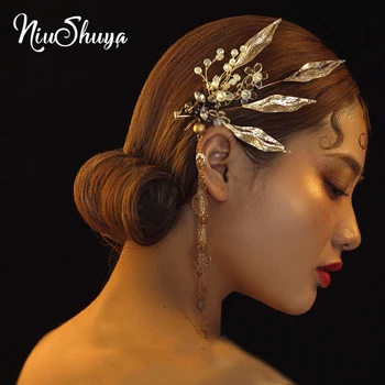 

NiuShuya Handmade Golden Leaves Hair Pins Rhinestone Side Hairpins Long Tassel Wedding Bridal Hair Accessories