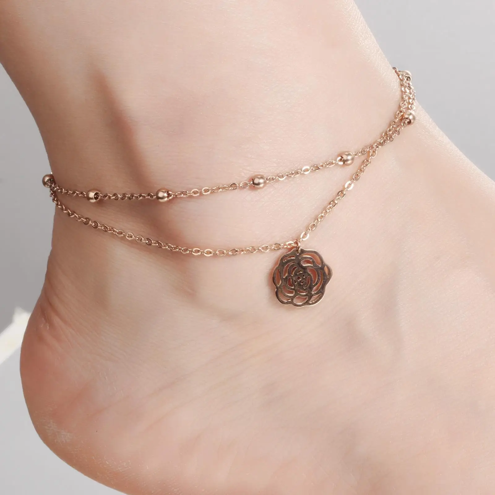Oumart женские ножные браслеты камелии слой розового золота ювелирные Цветочные ножные браслеты, аксессуары joyeria de acero неоспоримые женские - Окраска металла: Rose Gold
