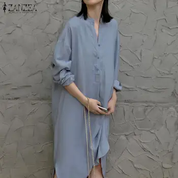 

ZANZEA Women Long Shirts Knee Length Dress Plus Size Fashion Office Lady V Neck Cotton Solid Vestidos Beach Party Short Sundress