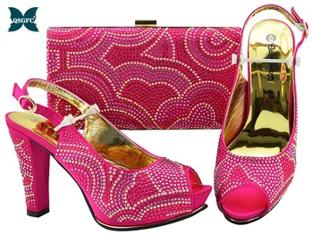 

Latest Fuchsia Color Shoe and Bag Italian Design Set Decorated with Rhinestone African Wedding Shoe and Bag Nigerian Women