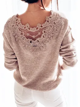 

Fashion Women Long Sleeve Tops T Shirts Sweater Lace Stitching Backless Pullover