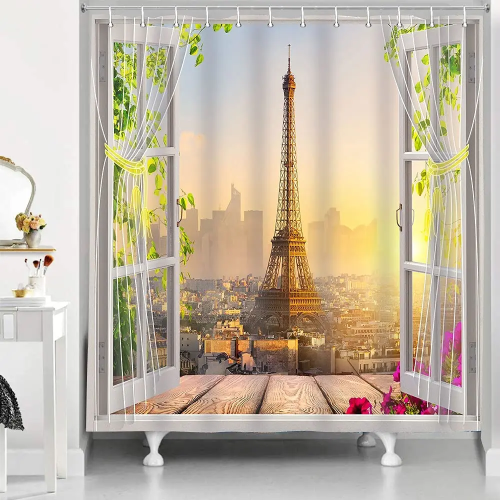 

Paris Shower Curtain Eiffel Tower 3D Window Bath Curtains French Romantic Background Bathroom Decor Waterproof Fabric with Hook