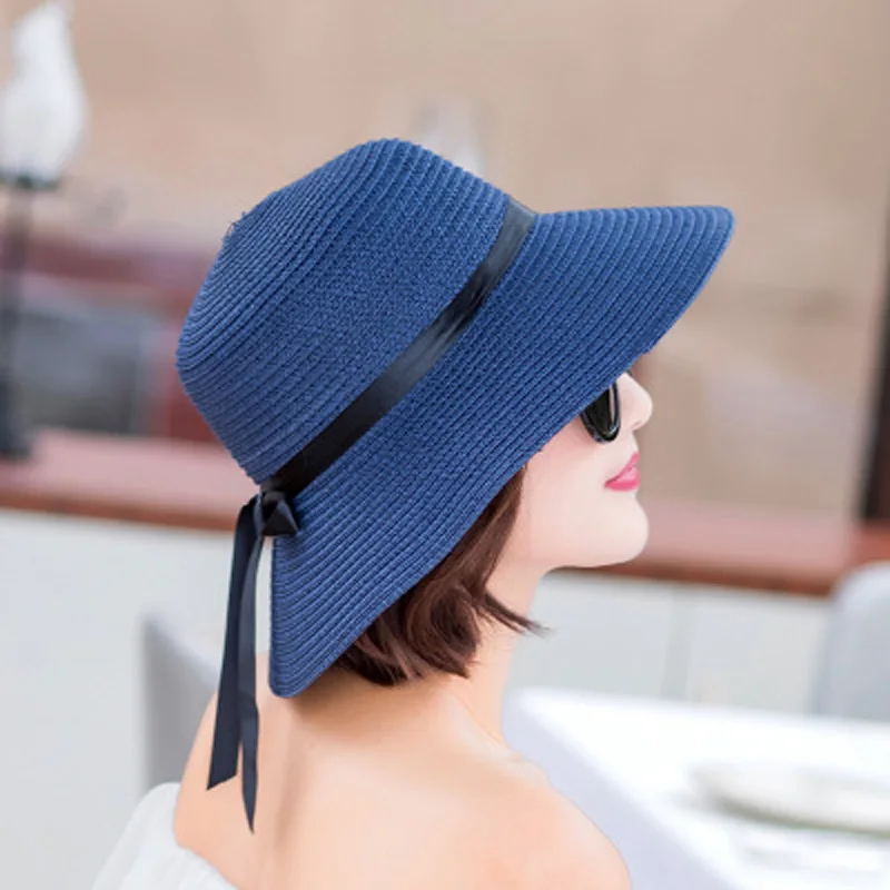 YOYOCORN соломенная шляпа женская летняя маленькая свежая шляпа от солнца плавающий пояс Солнцезащитная Складная большая пляжная шляпа от солнца - Цвет: Синий