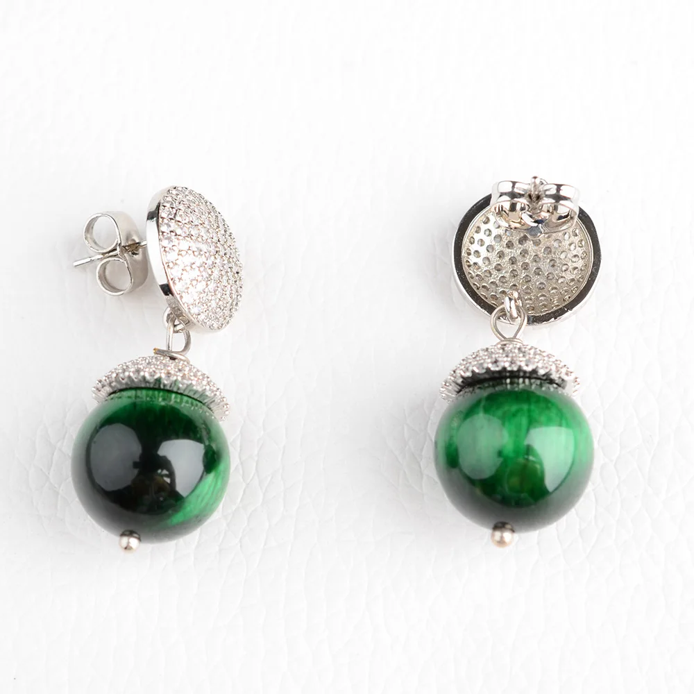 14mm Round Green Tiger Eye Cz pave Earrings