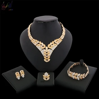 

Yulaili Classic African Jewelry Sets Gold Color Leaf Shape Rhinestone Choker Necklace Stud Earrings Charm Bracelet Ring Bijoux