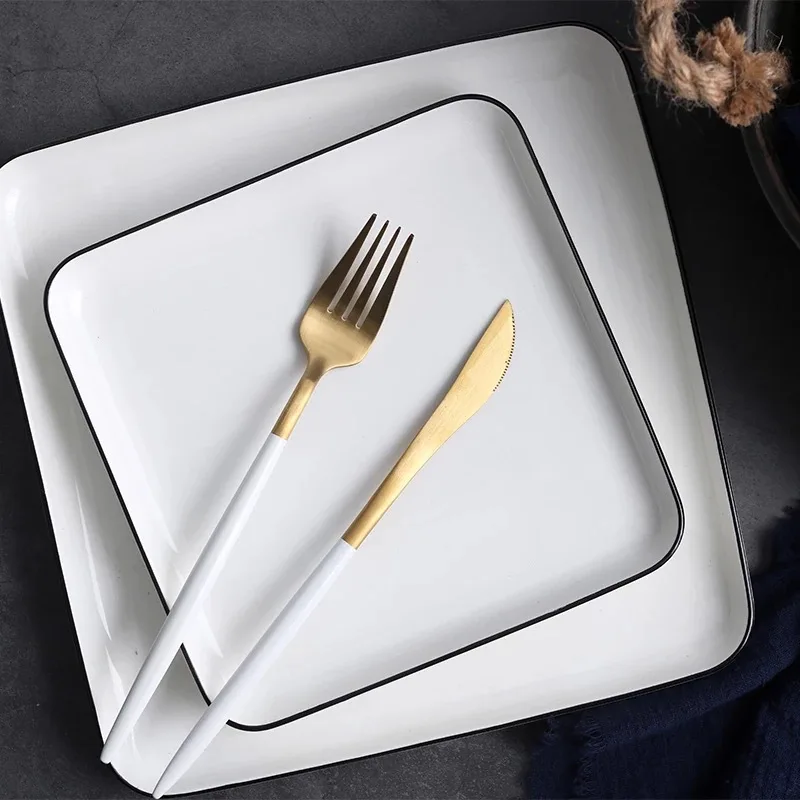 

White Square Ceramic Plate Simple White Color Black Edge Dish Steak Fruit Salad Serving Plate Dinner Party Ceramic Dessert Tray