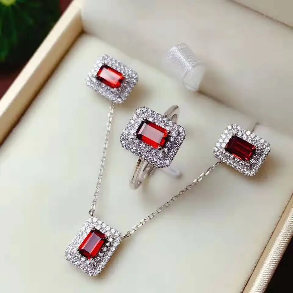 set Натуральный гранат S925 Кольцо Серьги Кулон ожерелье набор модные роскошные ювелирные изделия подходит для свадьбы и вечерние - Цвет камня: set