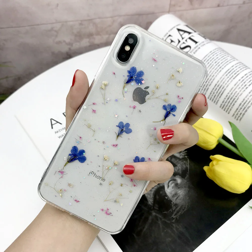 Royal Blue Настоящие сухие цветы чехол для iphone 7 8 Plus X чехол для iphone 11 Pro XR X XS Max 8 7 6S 6 Plus чехол силиконовый чехол для телефона s - Цвет: Royal Blue