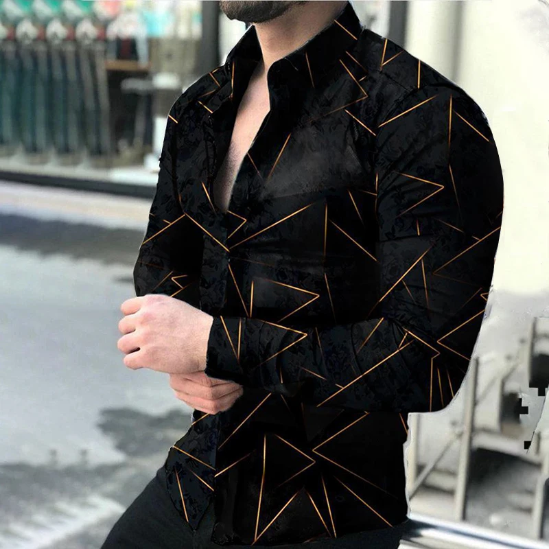 2021 New Geometric Print Shirts Men Fashion Turn-down Collar Buttoned Shirt Men's Autumn Casual Long Sleeve Cardigan Streetwear white short sleeve button up