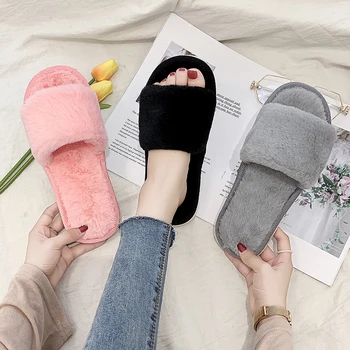 

Furry Slippers Women Winter Indoor Shoes Ladies Fluffy Flip Flops Female House Slippers Sweet Home Shoes Furry Slides Black Pink