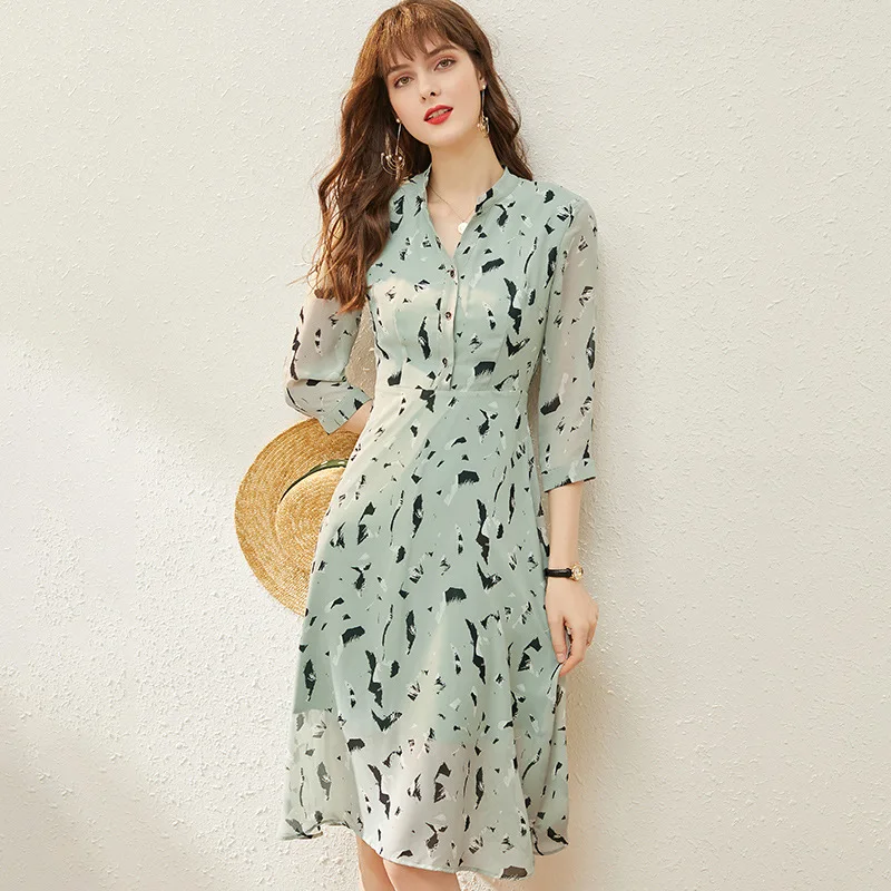 

Spring Designer High Waist Chiffon Dress Women Red Print Green Elegant Slim Ladies Midi Swing Dresses French vestidos sukienki