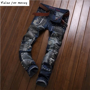 

embroidery owl Men's slim straight jeans Fashion rivet patchwork denim pants