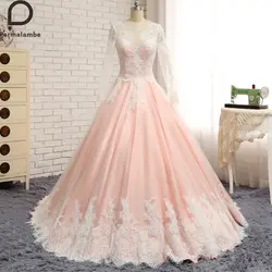 Элегантное 2019 ТРАПЕЦИЕВИДНОЕ розовое иллюзионное Тюлевое кружевное свадебное платье с длинным рукавом и аппликацией свадебное платье со