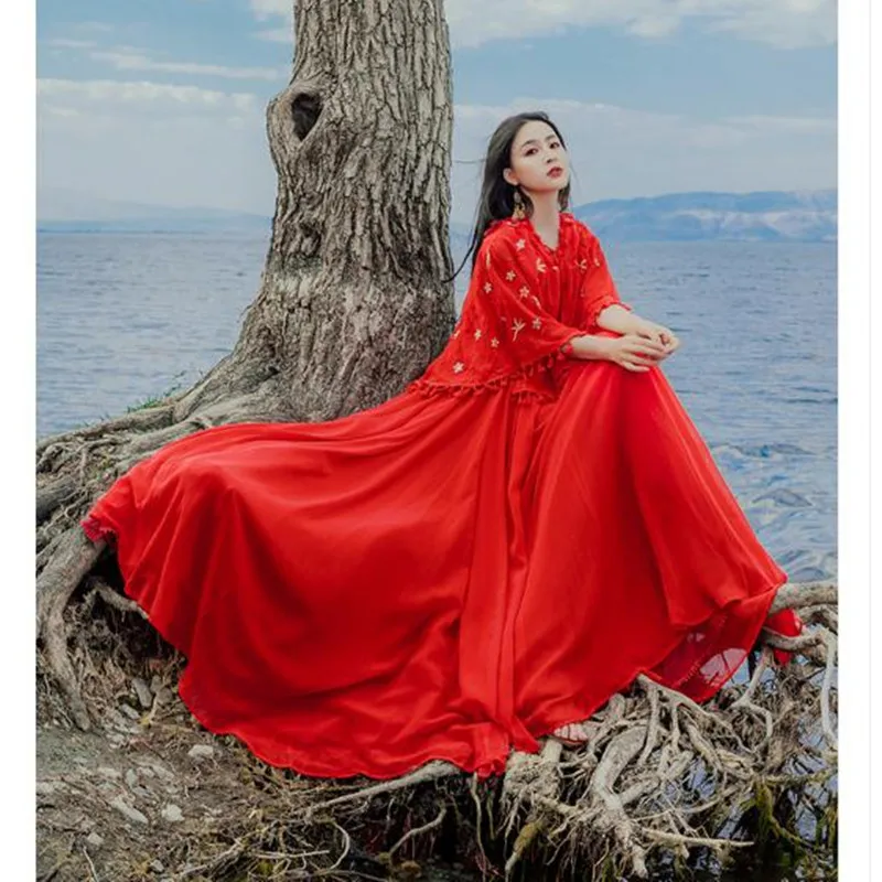Ретро стиль художественного искусства улучшенное Hanfu средней длины бахромой шаль накидка вышитые двухсекционное платье