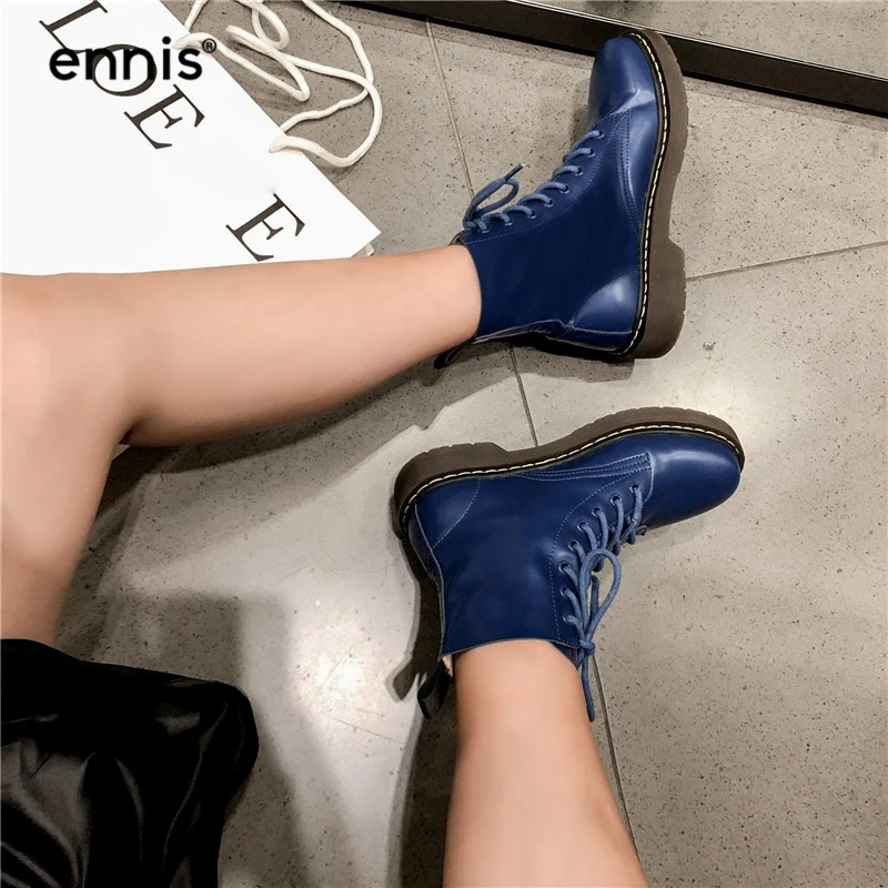 ENNIS/брендовые синие ботинки на платформе; женские красные ботинки из натуральной кожи на шнуровке; Ботинки martin на плоской подошве; обувь на толстой подошве; модная обувь; A9212