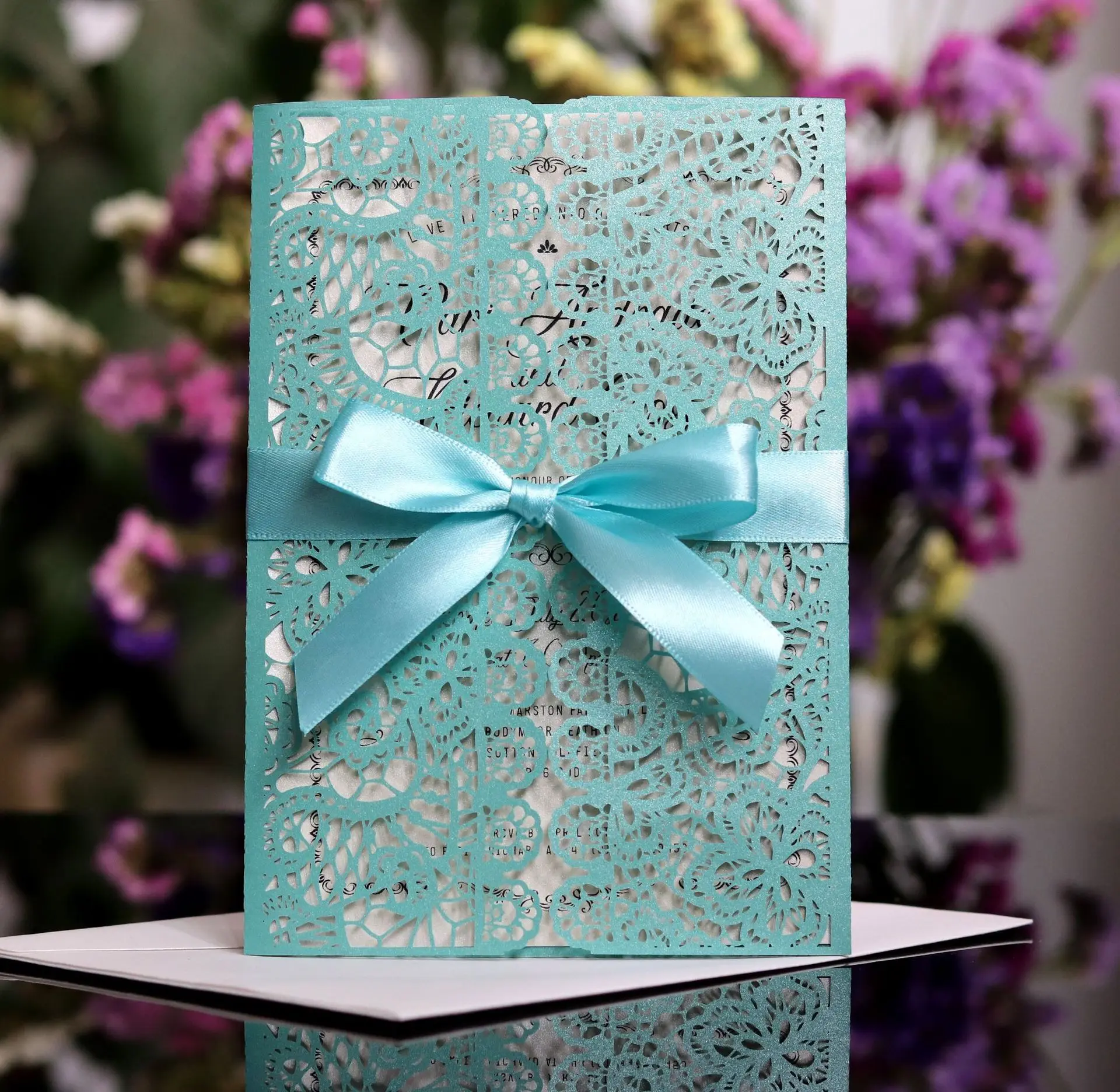  10pcs Luxury Elegant Flora Paper Envelopes Laser Cut Wedding Invitations Card With Ribbon Customize - 4.00027E+12