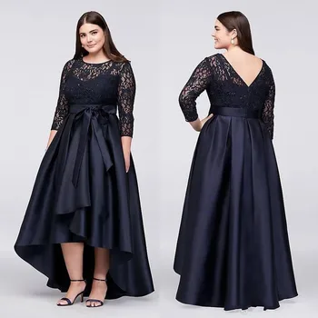 

Black Plus Size High Low Formal Dresses With Half Sleeves Sheer Jewel Neck Lace Evening Gowns Cheap Prom Dress vestidos noiva
