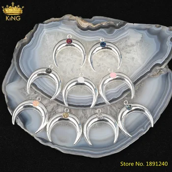 

5Pcs/Lot Plated Silvery Copper Paved Druzy Agates Round Beads Ox Horn Pendant Charms For Necklace Jewelry DIY Making HS-71KBAJ
