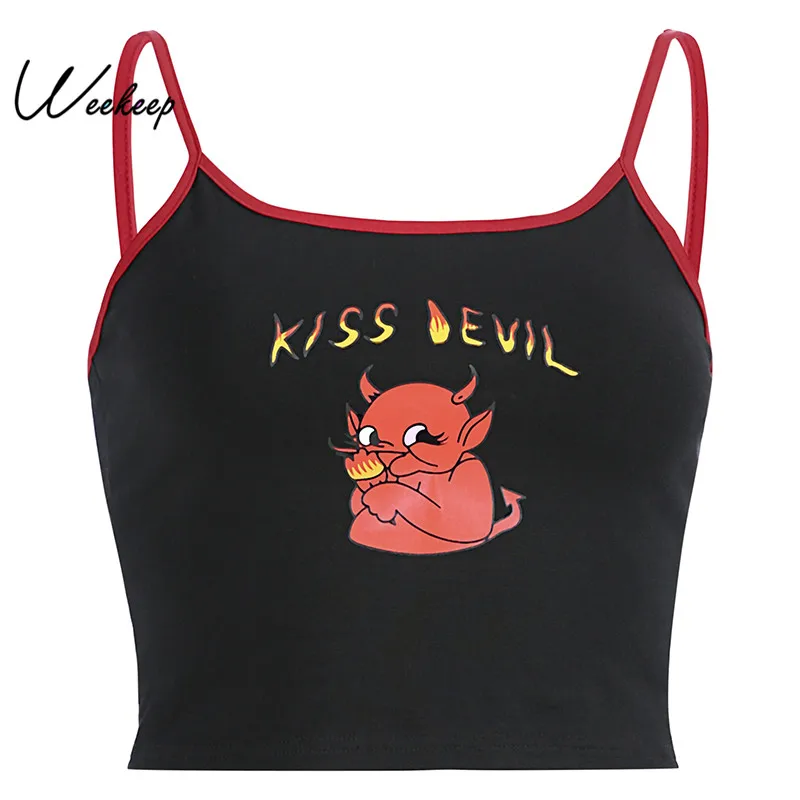 Черный Weekeep уличная печатная Camis женская черная сексуальная открытая спина короткий летний топ Лоскутные кроп Топы женские - Цвет: Черный