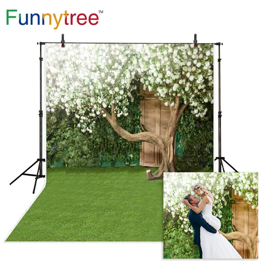 Фотофон Funnytree с зеленым экраном белый цветок дерево дверь луг природа свадьба |