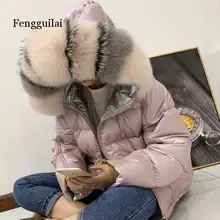 Двусторонний пуховик для женщин,, Лисий большой меховой воротник, пуховик, женские куртки с капюшоном, женский пуховик
