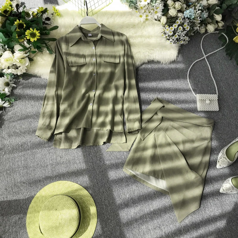 Женские осенние 2019 новые однобортные повседневные рубашки с длинными рукавами + стандартная юбка, облегающие комплекты из двух предметов