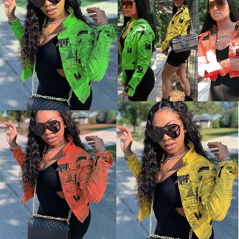 awesome HAOYUAN Newspaper Print Coat Women Long Sleeve Turn Down Collar Button Loose Short Jacket Fall Stre