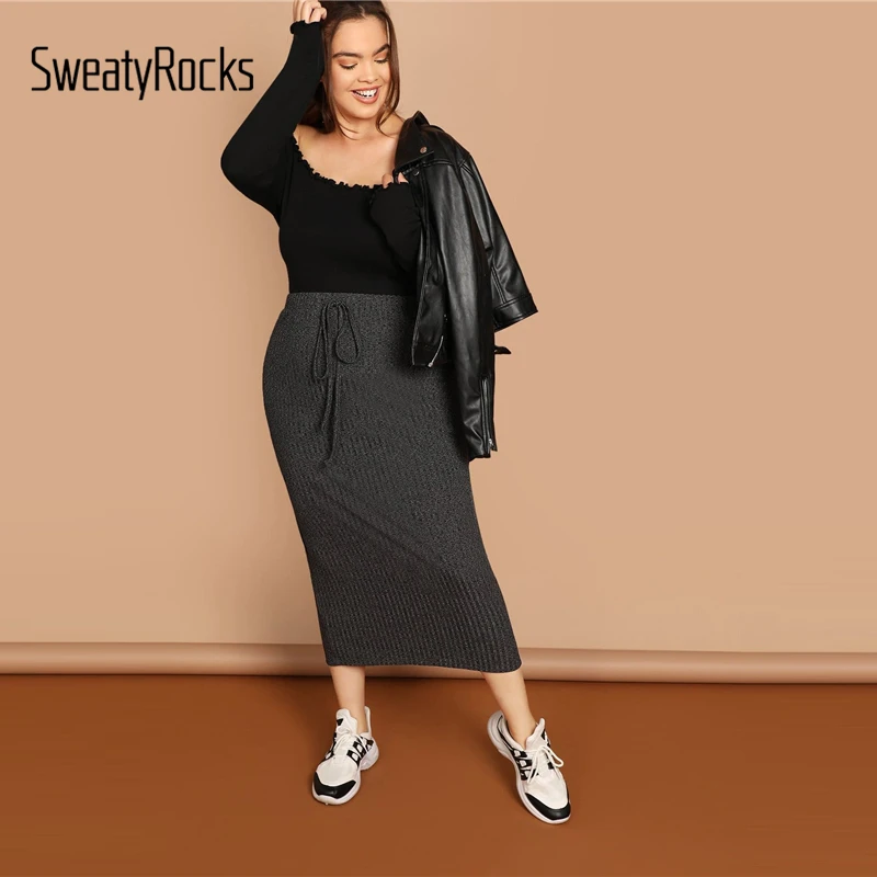 SweatyRocks плюс трикотажная юбка с завязками на талии, одежда для активного отдыха, одноцветные юбки макси, Осенние повседневные женские прямые серые юбки