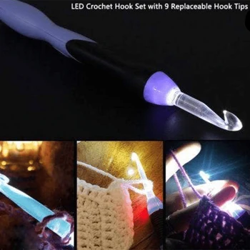 

LED Crochet Hooks Set 9 in 1 USB Rehargeable Light Up Needles Hand Weave Sewing Tools XH8Z