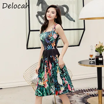 

Delocah Elegant Summer Dress Runway Women Sling Collar Animal Floral Print Diamond Beading Ladies Midi Dress Vestoidos