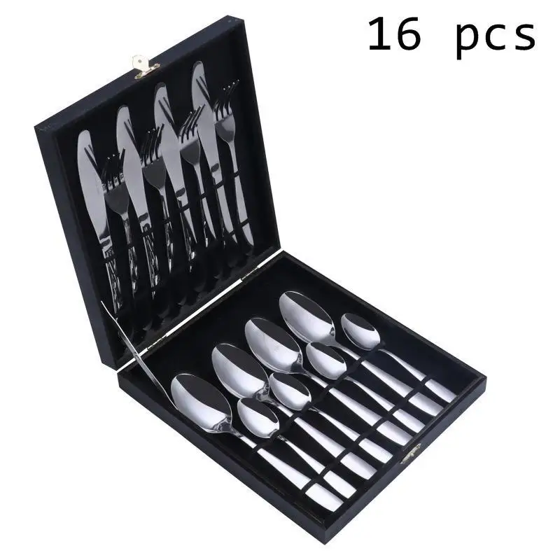 Black Box 16pcs Нержавеющая сталь 24 шт. посуда Западный набор столовых приборов нож ложка Вилка для обеда Набор для 6 человек Семейные принадлежности с деревянной подарочной коробкой - Цвет: Black Box 16pcs