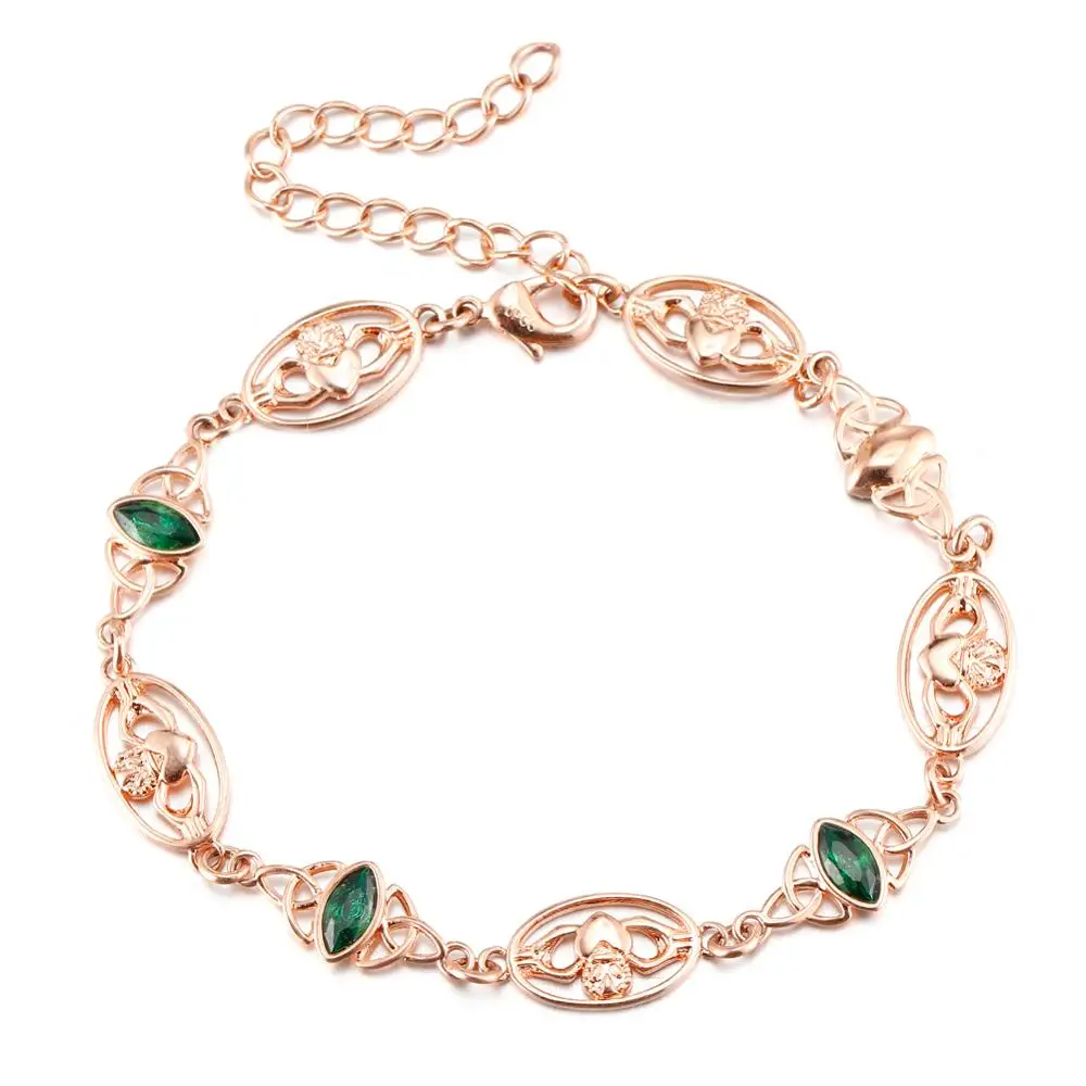 18K Rose Gold KIVN модные ювелирные изделия зеленый CZ ирландский кельтский узел сердце Корона Claddagh браслеты для женщин девочек день рождения Акция подарки - Окраска металла: 18K Rose Gold