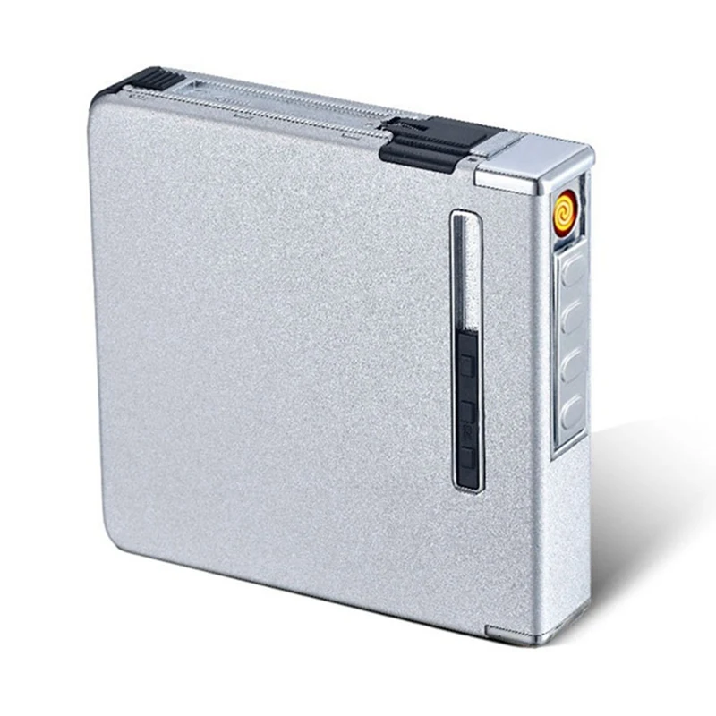 Silver Тонкий Алюминиевый металлический Автоматический чехол для сигарет с USB перезаряжаемой ветрозащитной зажигалкой может вместить 20 сигарет - Цвет: Silver