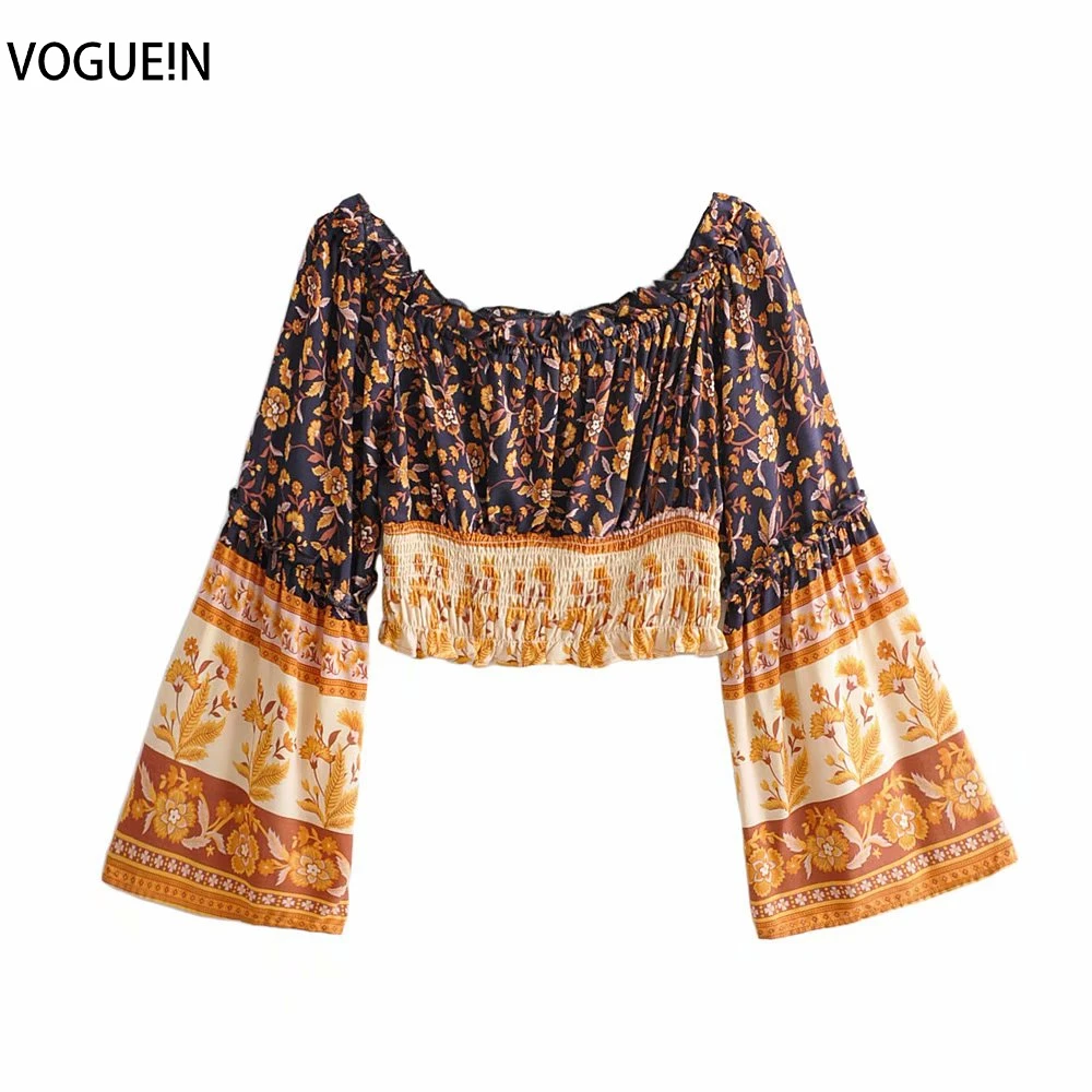 VOGUEIN Новая женская Boho Slash шеи с расклешенными длинными рукавами с цветочным принтом короткая Блуза Топ рубашка оптовая продажа