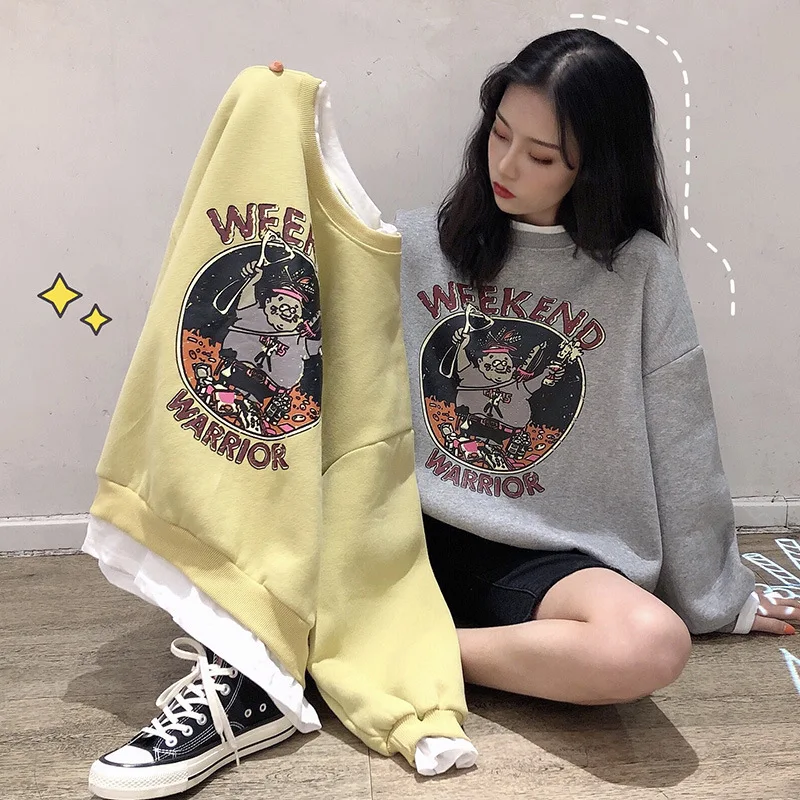 

2019 New Style Women's Korean-style Loose-Fit Grey Top Autumn And Winter Mock Two-Piece plus Velvet Long Sleeve BF Couples Hoodi