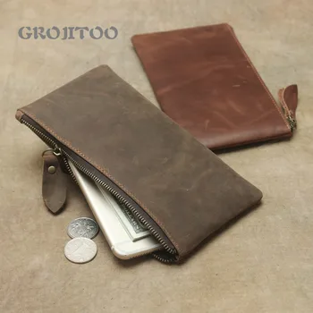 

GROJITOO Minimalist mad horse leather men's wallet geniune leather mobile phone bag long ultra thin women's Leather Wallet