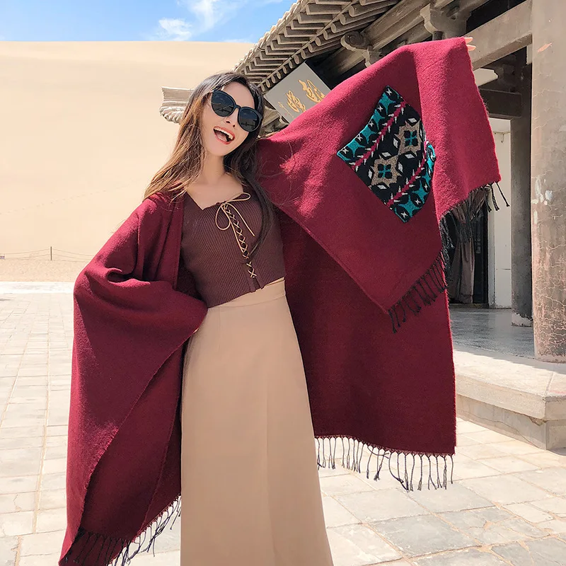 Autumn Winter Scarf Poncho Imitation Cashmere Thick Warm Tassel Pocket Cloak Oversized Travel Shawl Mantle Women Scarves