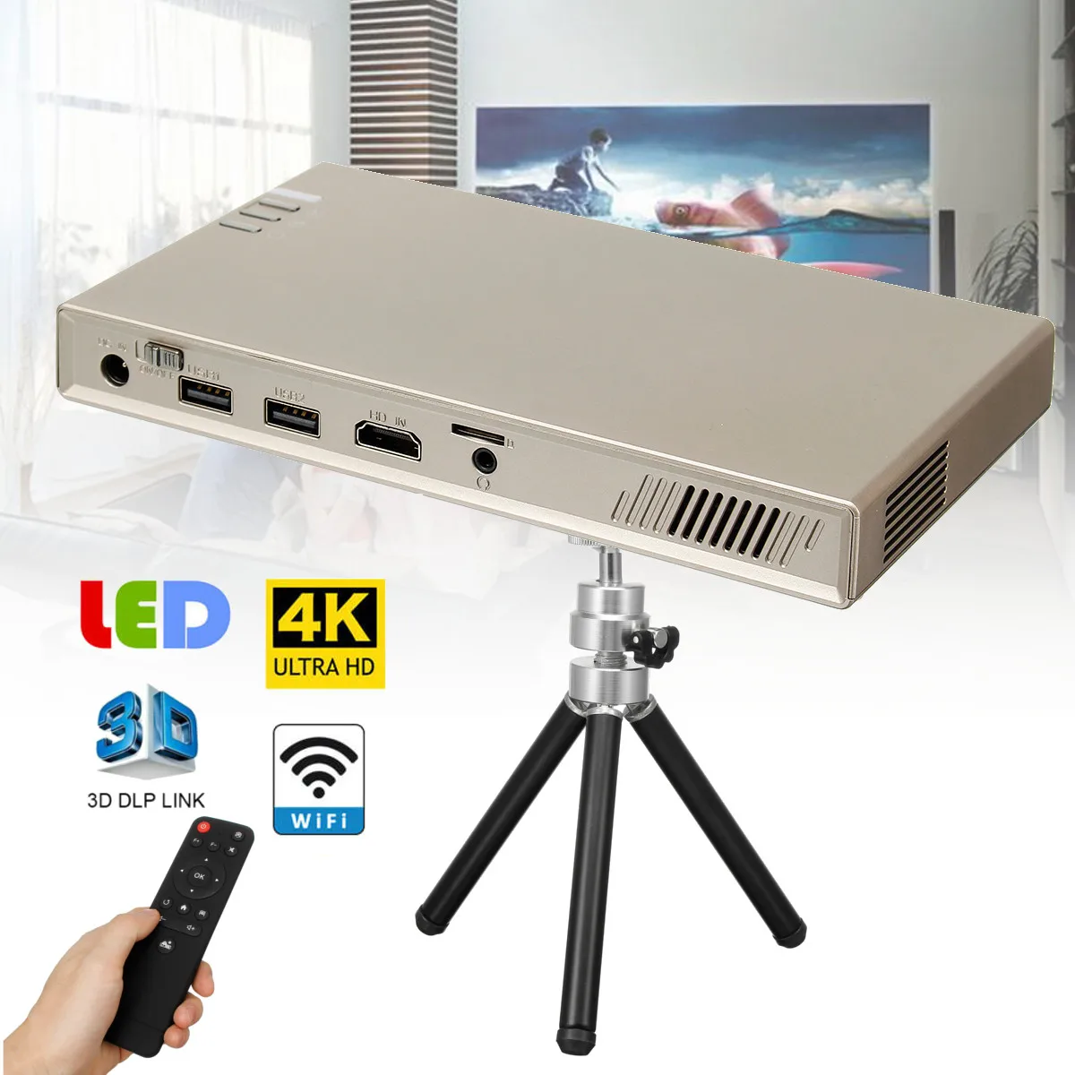

1080p Wifi Mini LED Projector Smart Home Theater System 4K Handheld 3D Video Movie Beamer HDMI USB Home Video Equipment US Plug